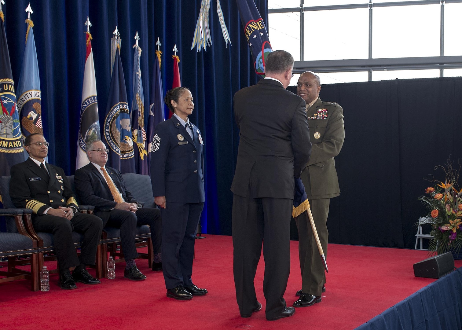 Marine Corps Lt. Gen. Vincent Stewart assumes directorship of the Defense Intelligence Agency in the ceremonial passing of the flag from Under Secretary of Defense for Intelligence Michael Vickers Jan. 23. 