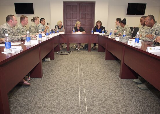 Retired Chief Master Sgt. Athena Cody (middle), wife of Chief Master Sgt. of the Air Force James Cody, talks to Airmen during a community action information board at Joint Base Pearl Harbor-Hickam, Hawaii, Jan. 16, 2015. Mrs. Cody’s two-day visit also included tours at the Fisher House, Lodging and meeting with Wounded Warriors. (U.S. Air Force photo by Tech. Sgt. James Stewart/Released)