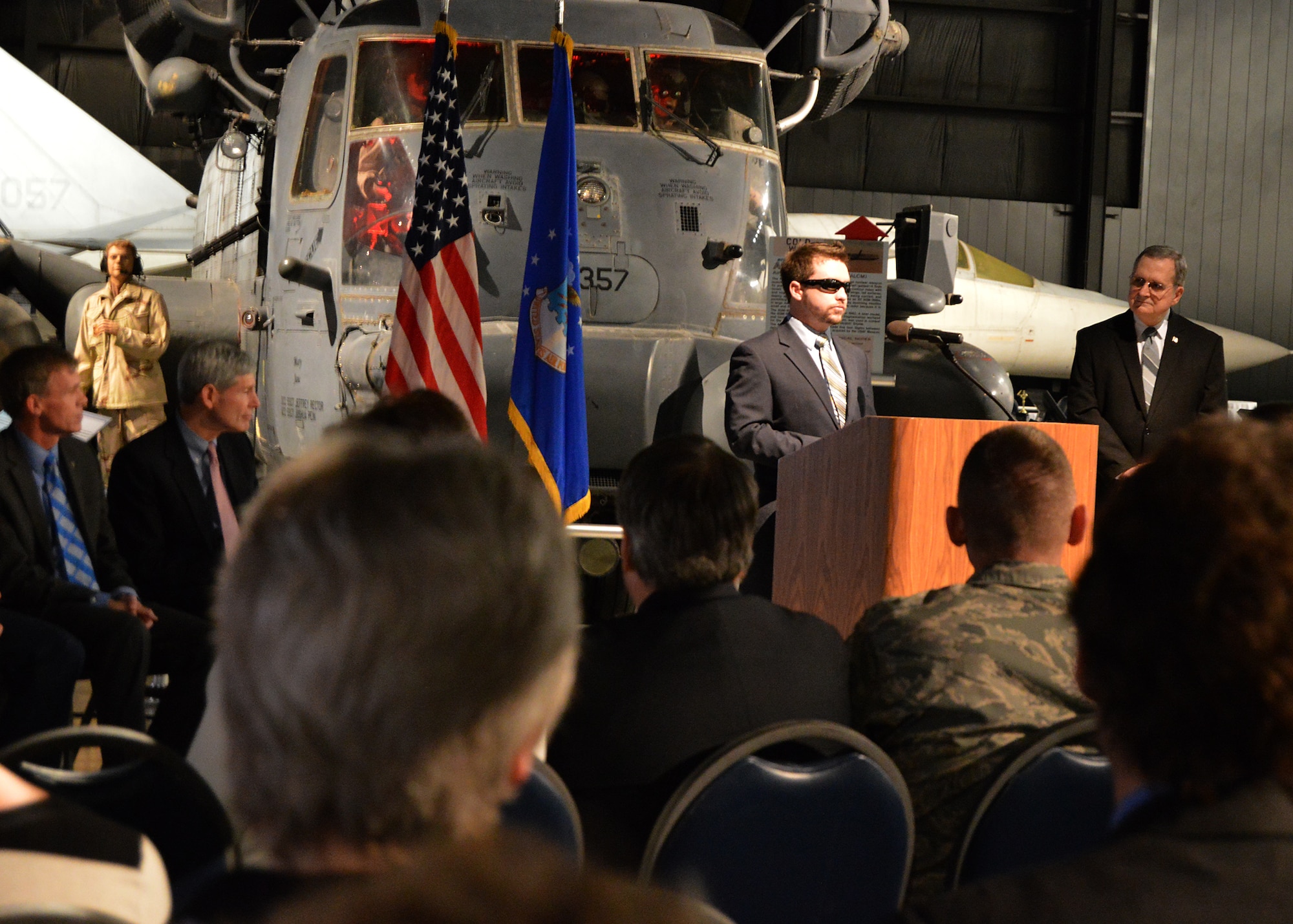 DAYTON, Ohio -- SSgt.(Ret.) Mike Malarsie speaks at the "Duty First, Always Ready" exhibit opening on Jan. 23, 2015 in the Cold War Gallery at the National Museum of the U.S. Air Force. (U.S. Air Force photo)