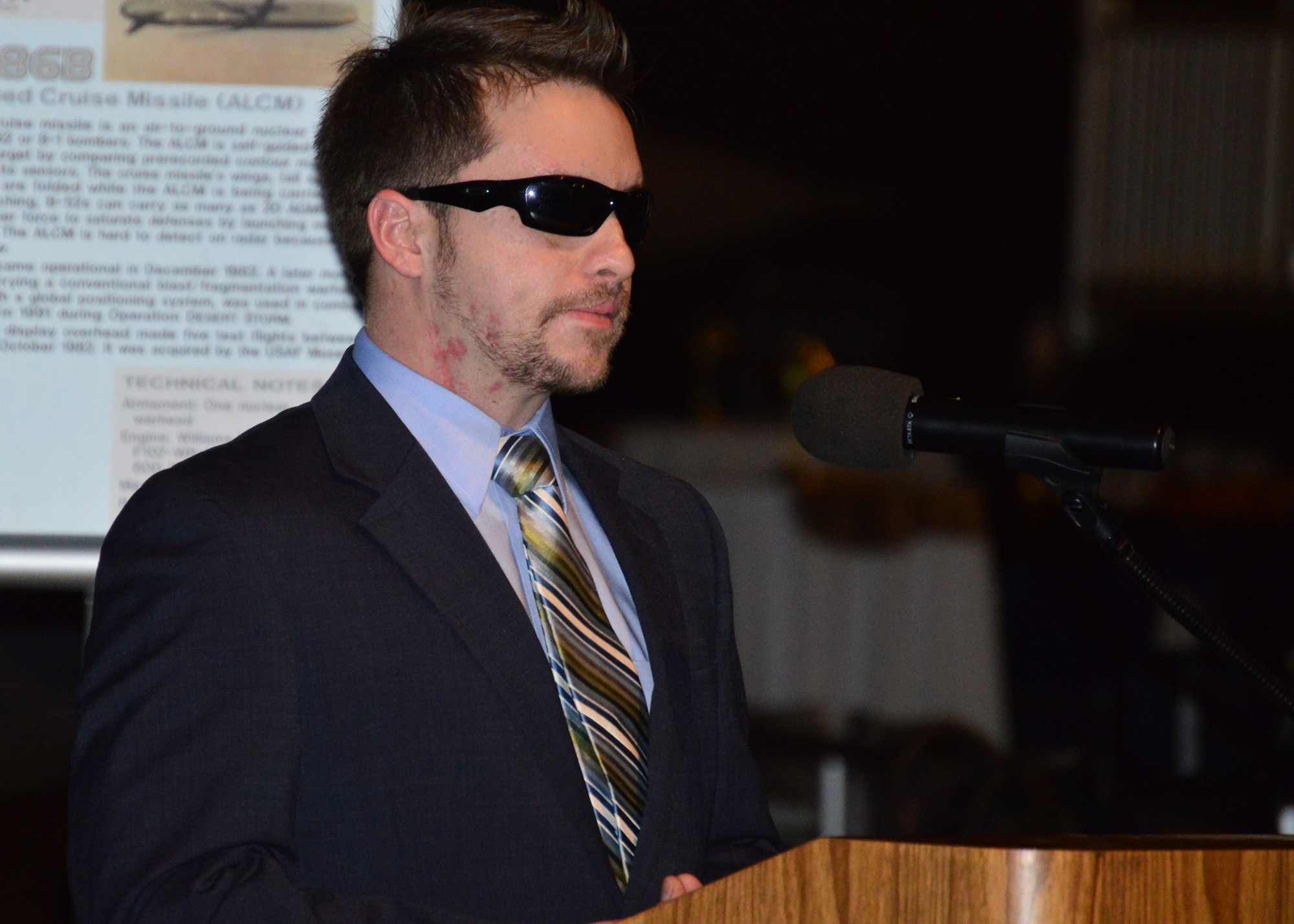 DAYTON, Ohio -- SSgt.(Ret.) Mike Malarsie speaks at the "Duty First, Always Ready" exhibit opening on Jan. 23, 2015 in the Cold War Gallery at the National Museum of the U.S. Air Force. (U.S. Air Force photo)