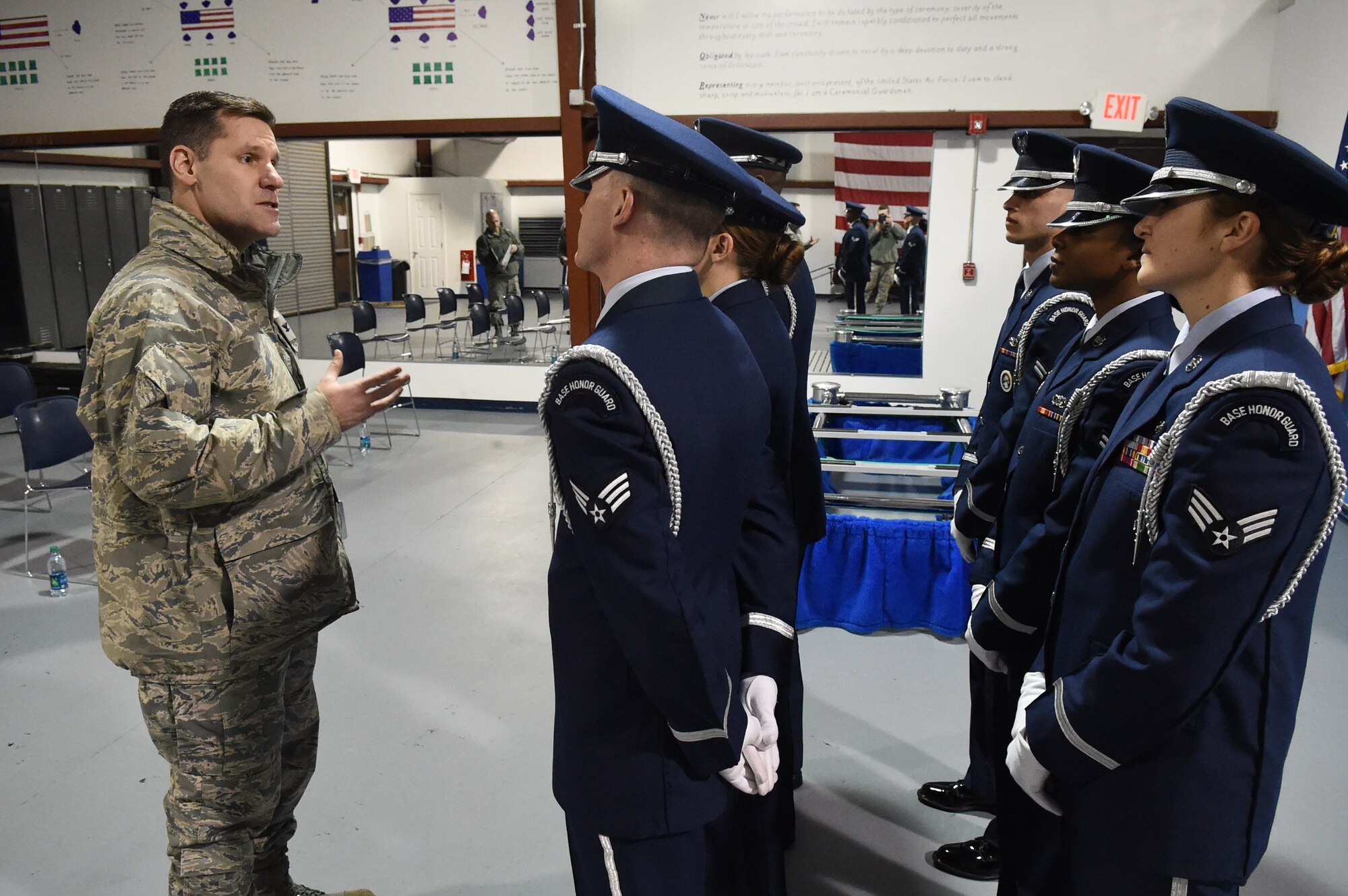 Col. John Devillier, 88th Air Base Wing commander, speaks to base honor guard members at Joint Base Andrews, Md., Jan. 13, 2015. Devillier, a Commander-in-Chief’s Installation Excellence Award evaluator, expresses his gratitude to the Airmen for their service. (U.S. Air Force photo/Airman 1st Class Joshua R. M. Dewberry)