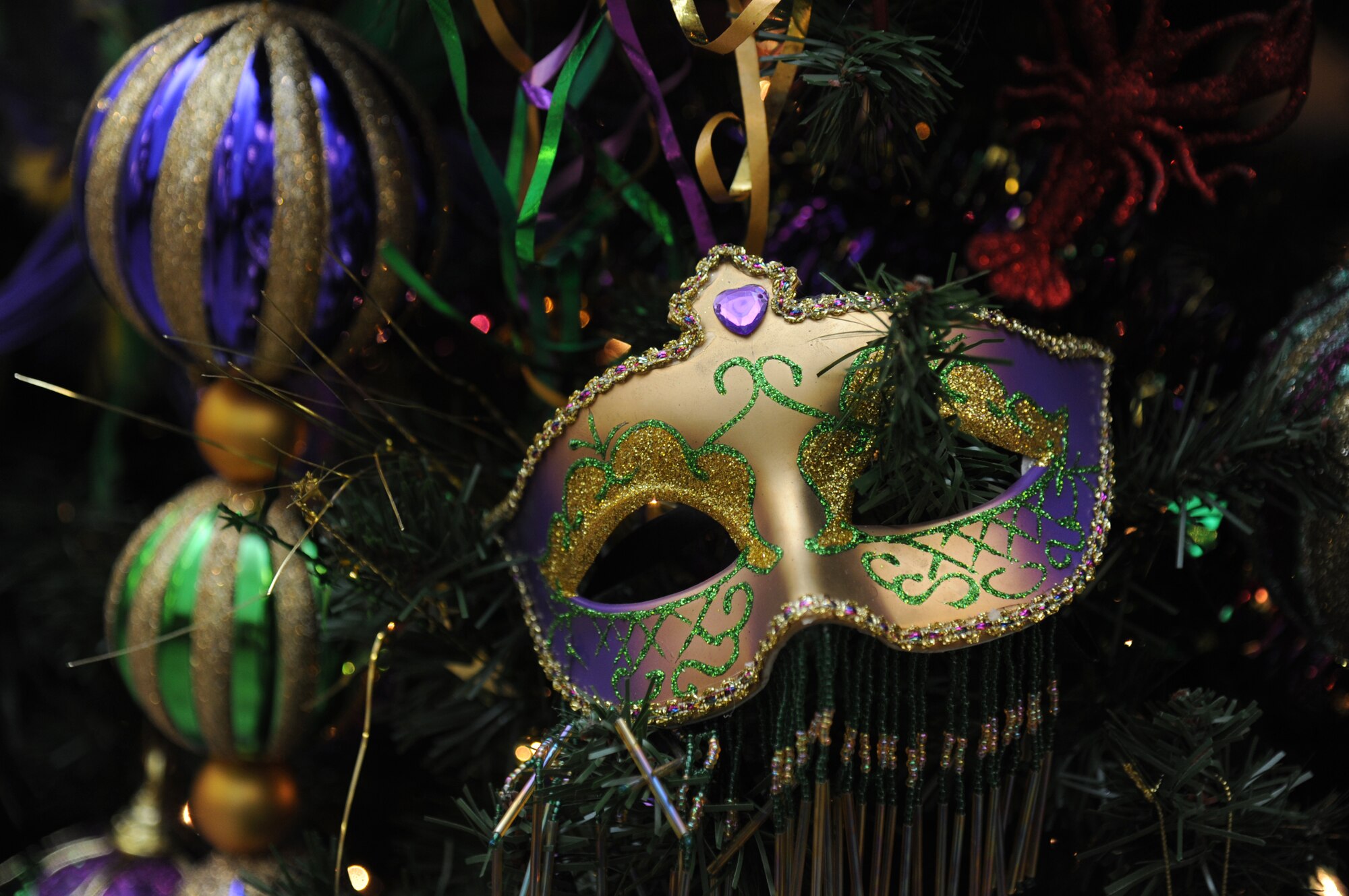 Decorations throughout the Azalea Dining Facility add a festive Mardi Gras Jan. 23, 2015, at Keesler Air Force Base, Miss. This year, Mardi Gras falls on Feb. 17, but the first parade of the carnival season is Jan. 31.  Traditionally, Keesler gets involved in the local observances. For a complete list of events and parade routes in southern Mississippi, visit http://www.gulfcoast.org/visitors/events/mardigras/   (U.S. Air Force photo by Kemberly Groue)