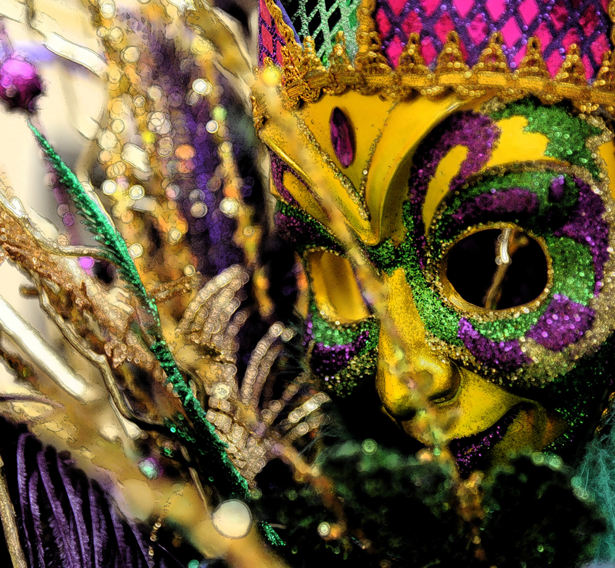 Decorations throughout the Bay Breeze Event Center add a festive Mardi Gras touch Jan. 15, 2015, at Keesler Air Force Base, Miss. This year, Mardi Gras falls on Feb. 17, but the first parade of the carnival season is Jan. 31. For a complete list of events and parade routes in southern Mississippi, visit http://www.gulfcoast.org/visitors/events/mardigras/  (U.S. Air Force photo illustration by Kemberly Groue)