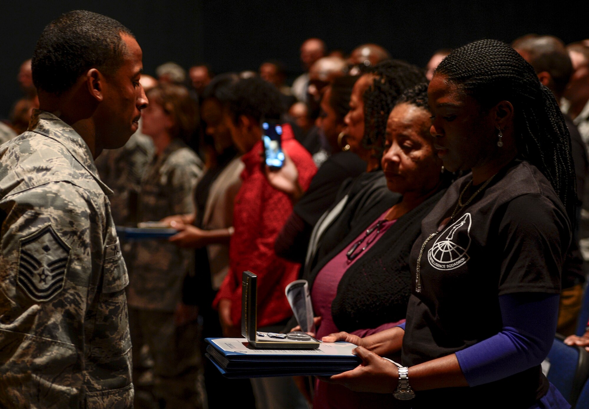 The family of U.S. Air Force Senior Airman Andre Jackson attends his memorial ceremony at Langley Air Force Base, Va., Jan. 16, 2015. Jackson was a native of North Richland Hills, Texas, and passed away Dec. 18, 2014. (U.S. Air Force photo by Senior Airman Kayla Newman/Released) 