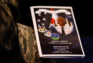 A memorial service is held for U.S. Air Force Senior Airman Andre Jackson, 10th Intelligence Squadron client systems technician, at Langley Air Force Base, Va., Jan. 16, 2015. Jackson joined the Air Force in 2011, and supported the largest Distributed Common Ground System in the Air Force. (U.S. Air Force photo by Senior Airman Kayla Newman/Released) 