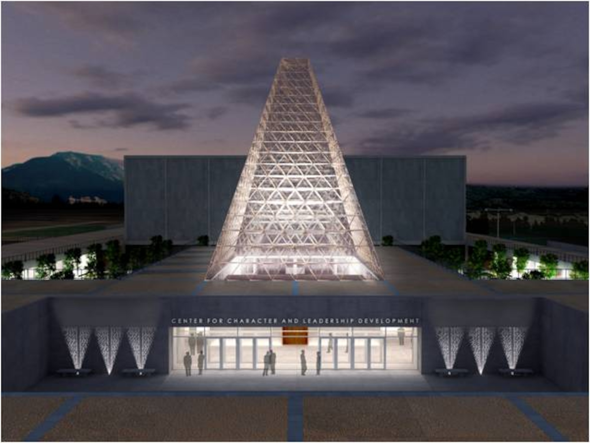 An artist rendering depicts the U.S. Air Force Academy’s Center for Character and Leadership Development facility, which is currently under construction. Workers recently completed the steel frame for the glass skylight tower at the new U.S. Air Force Academy Center for Character and Leadership Development facility in Colorado. With the frame complete, work will now begin the process of attaching more than 110 tons of glass to the structure. (Courtesy image)