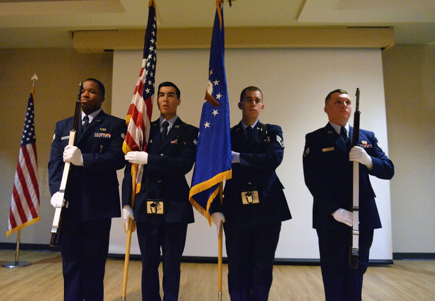The Moody Air Force Base Honor Guard presents the colors for the 2015 Chief Master Sergeant Recognition Ceremony Jan. 16, 2015, at Moody Air Force Base, Ga. The base ceremonial guardsmen performed sequential movements as a customary act during the ceremony.  (U.S. Air Force photo by Airman Greg Nash/Released) 