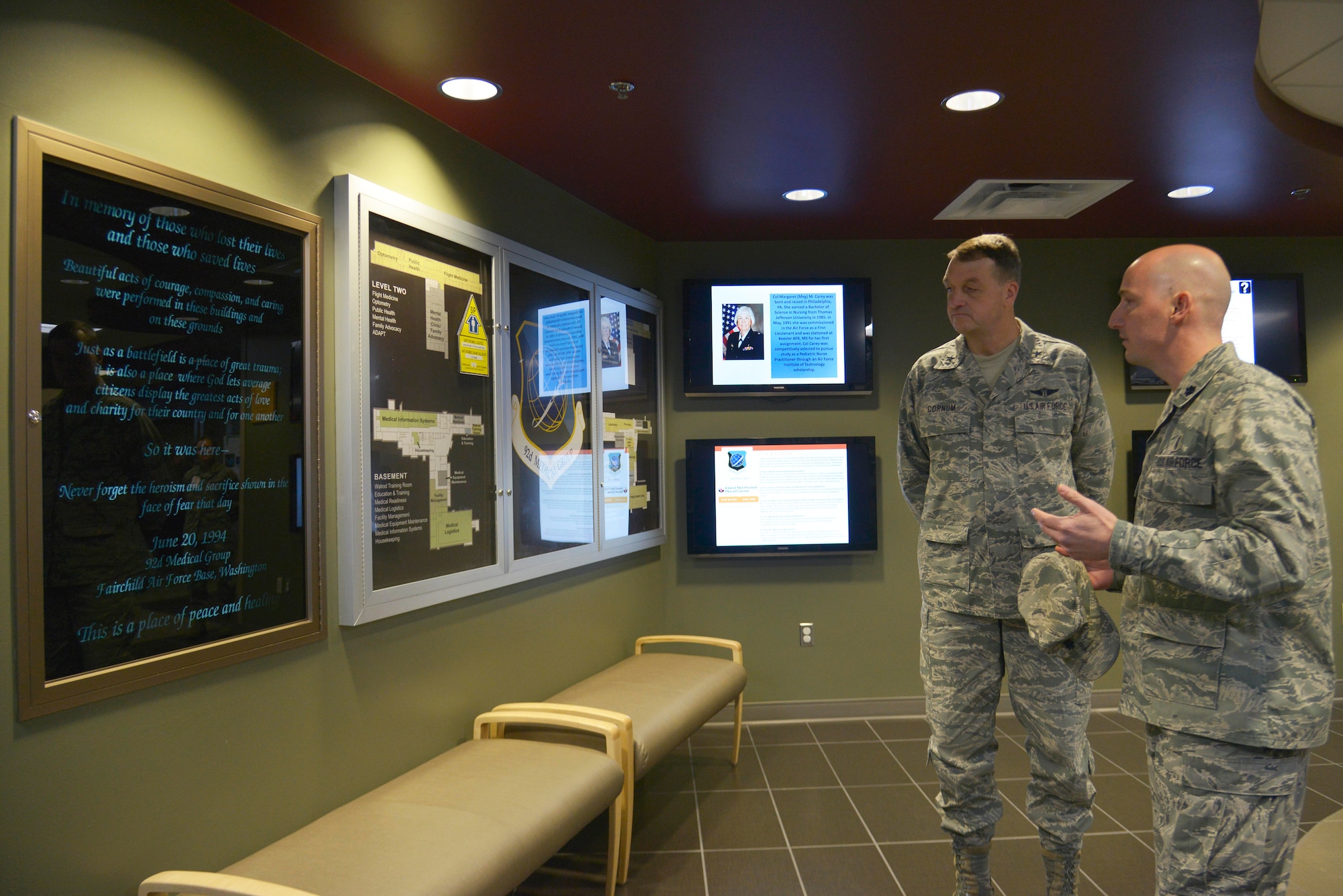 Lt. Col. Richard Broyer, 92nd Medical Support Squadron commander, gives Brig. Gen. (Dr.) Kory Cornum, Air Mobility Command command surgeon, a tour of the 92nd Medical Group building Jan. 13, 2015, at Fairchild Air Force Base, Wash. Cornum visited the base to experience Fairchild's medical mission firsthand. (U.S. Air Force photo/Senior Airman Janelle Patiño)