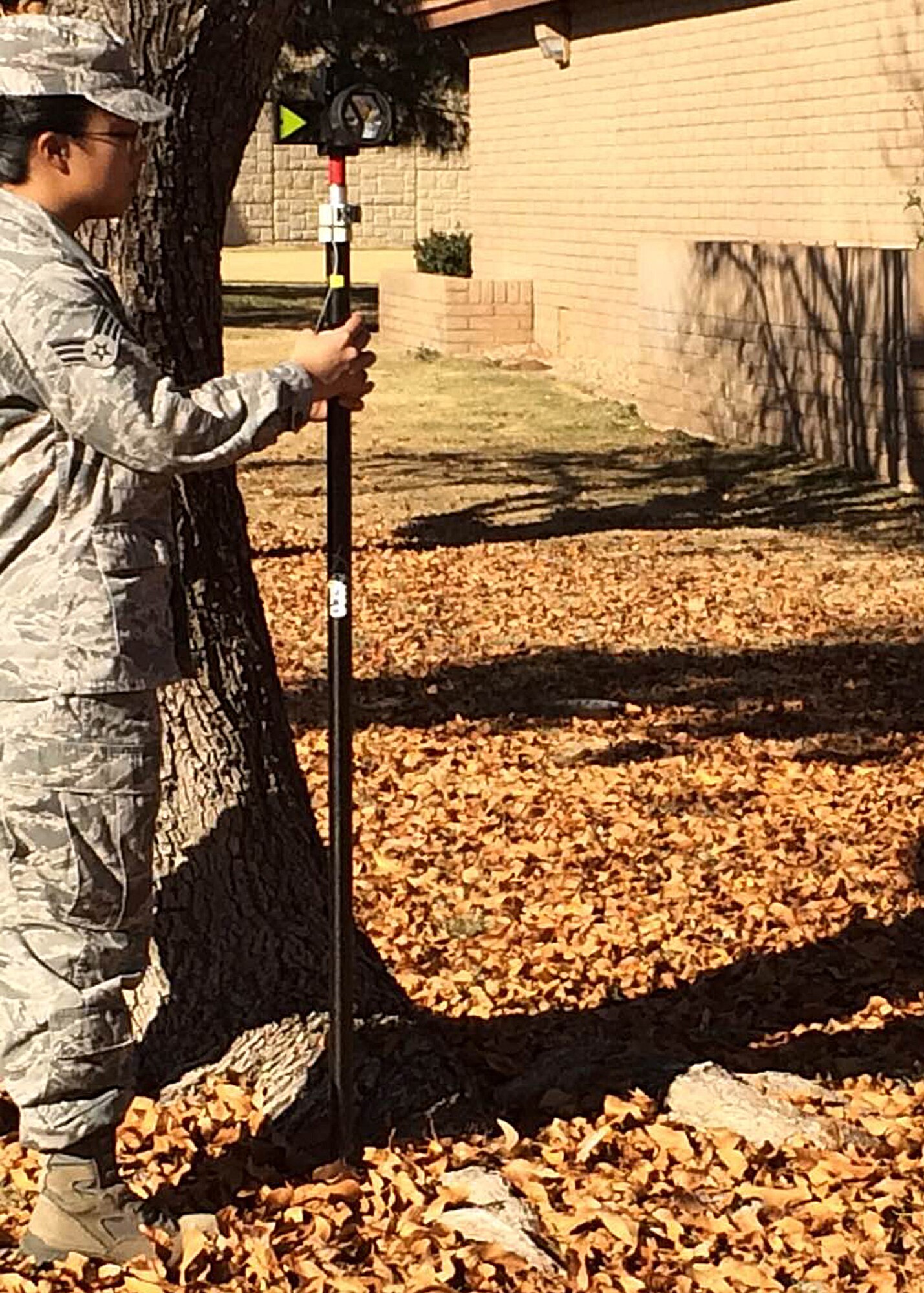 Senior Airman Kristina Inocencio, 56th Civil Engineer Squadron engineer technician, measures the distance from the tree to the building Jan. 15 during survey training at Luke Air Force Base. One of Inocencio’s career field tasks is to map out the entire base and update the maps. (U.S. Air Force photo/Senior Airman Devante Williams)