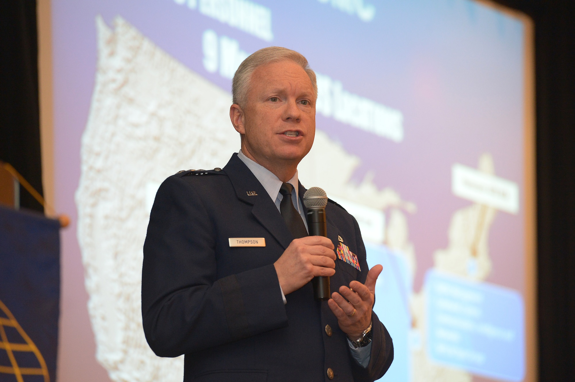 U.S. Air Force Lt. Gen. John Thompson, Air Force Life Cycle Management Center commander, delivers the State of the Center address to Hanscom Air Force Base members and industry partners in Bedford, Mass., Jan. 15. Thompson reviewed the past year's progress, highlighted achievements within the Battle Management and CI and Networks Directorates as well as discussed focus areas for 2015. (U.S. Air Force photo by Jerry Saslav)