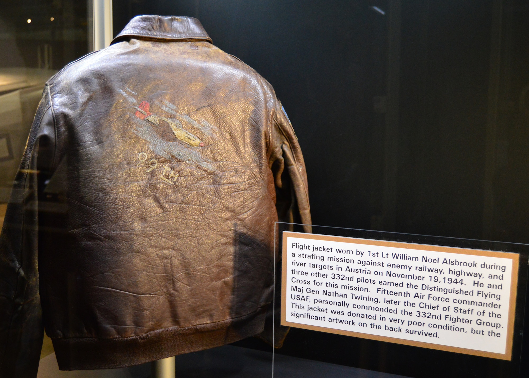 DAYTON, Ohio -- The flight jacket worn by 1st Lt. William Noel Alsbrook during a strafing mission against enemy railway, highway, and river targets in Austria on November 19, 1944.This jacket is on display in theTuskegee Airmen Exhibit in the WWII Gallery at the National Museum of the U.S. Air Force. (U.S. Air Force photo)