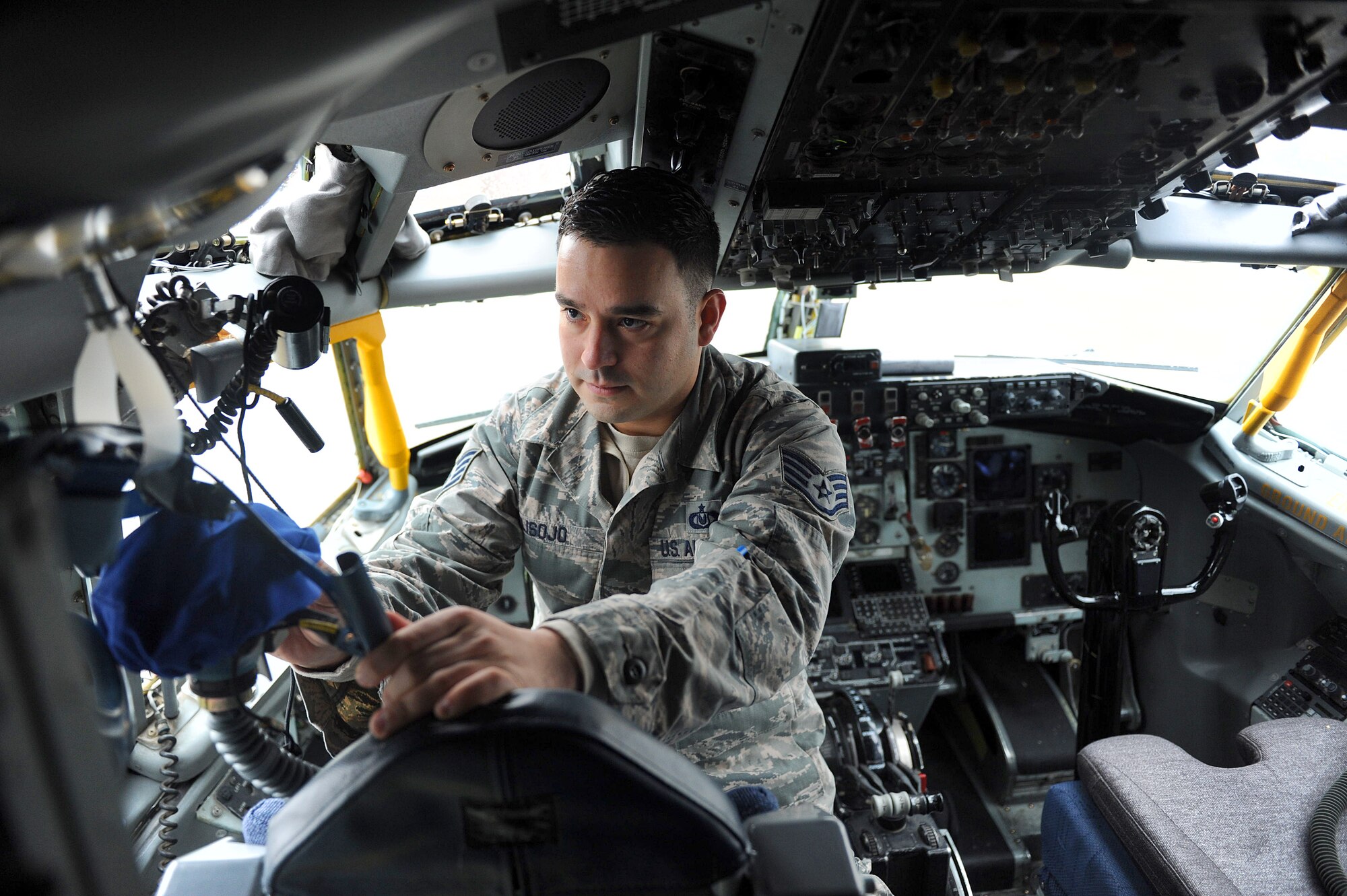 Staff Sgt. Ruben Lisojo, 22nd Operations Support Squadron aircrew flight equipment, performs a pre-flight inspection on one of the KC-135 Stratotankers temporarily staged at Robins. These exercises offer the unit the ability to work in a location that isn’t set up for their natural support system. (U.S. Air Force photo by Tommie Horton)
