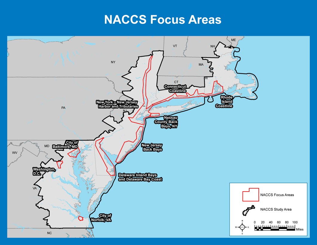 Many communities along the Northeast remain vulnerable to coastal flooding. The Comprehensive Study identified nine high-risk focus areas that warrant additional analysis. They are (in no particular order): 1) Rhode Island Coastline; 2) Connecticut Coastline; 3) New York-New Jersey Harbor and Tributaries; 4) Nassau County Back Bays, New York; 5) New Jersey Back Bays; 6) Delaware Inland Bays and Delaware Bay Coast; 7) the City of Baltimore; 8) the District of Columbia; and the 9) the City of Norfolk.
