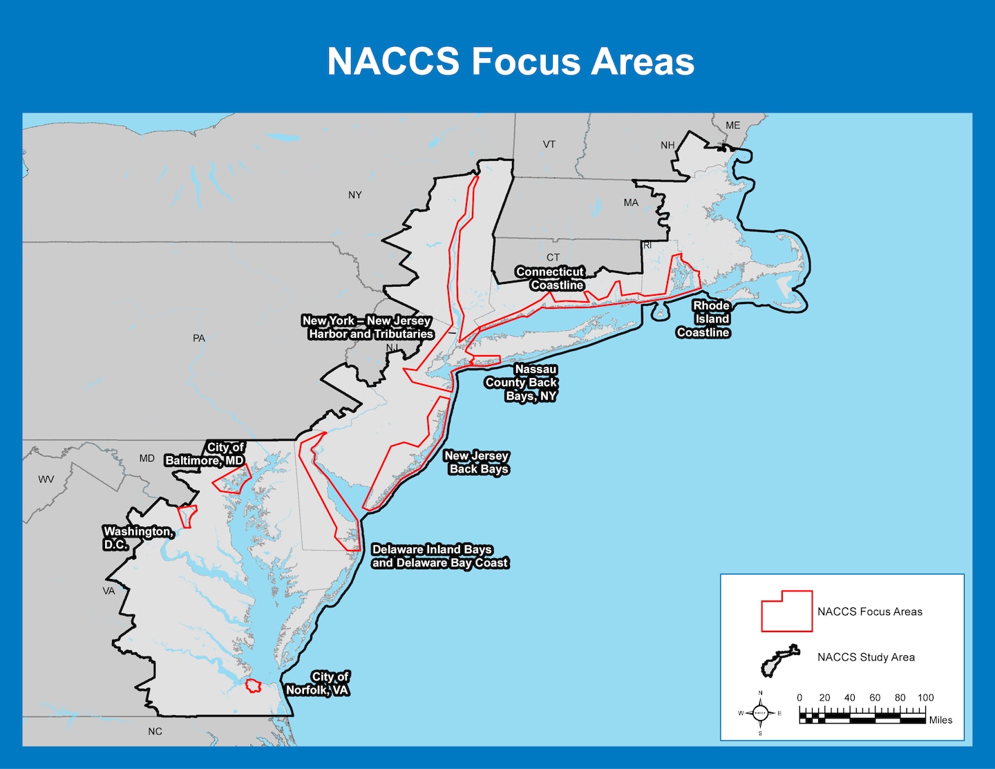 Many communities along the Northeast remain vulnerable to coastal flooding. The Comprehensive Study identified nine high-risk focus areas that warrant additional analysis. They are (in no particular order): 1) Rhode Island Coastline; 2) Connecticut Coastline; 3) New York-New Jersey Harbor and Tributaries; 4) Nassau County Back Bays, New York; 5) New Jersey Back Bays; 6) Delaware Inland Bays and Delaware Bay Coast; 7) the City of Baltimore; 8) the District of Columbia; and the 9) the City of Norfolk.