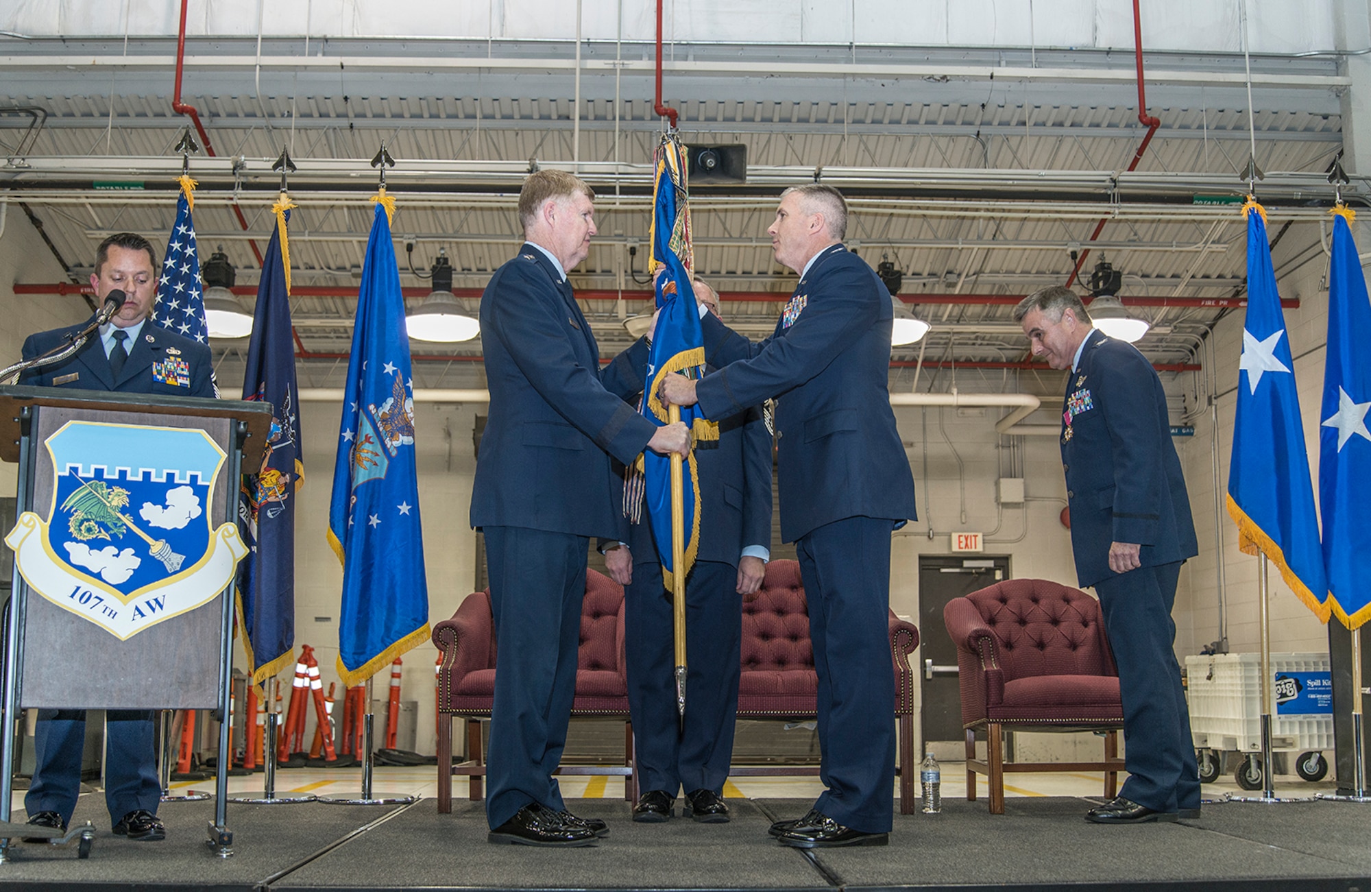 Colonel Robert G. Kilgore receives the 107th Airlift Wing guidon from Major 
General Verle Johnston to assume command of the 107th at a ceremony held at the Niagara Falls Air Reserve Station on Jan. 24, 2015. (U.S. Air National Guard photo/Staff Sergeant Ryan Campbell)