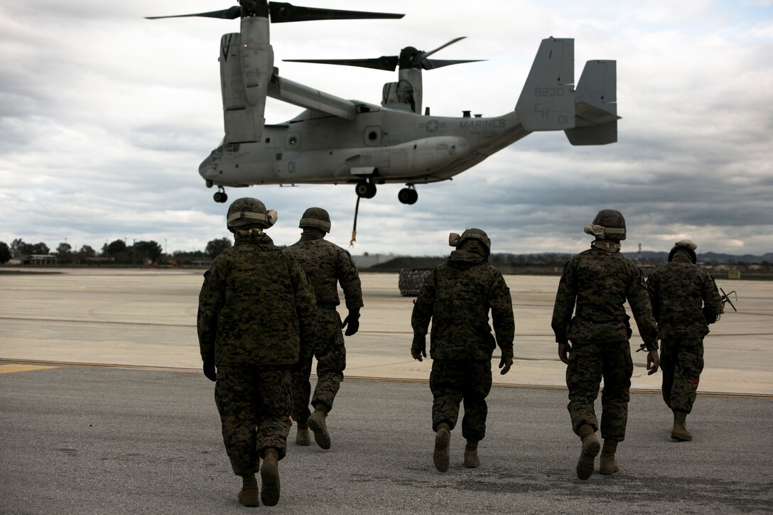 U.S. Marine landing support specialists with Special-Purpose Marine Air-Ground Task Force Crisis Response-Africa walk onto the flight line at Morón Air Base, Spain, after an MV-22 Osprey delivered a cargo pallet during an external-lift drill Jan. 19, 2015. The landing support Marines worked beneath the Osprey to connect loads for lift operations. (U.S. Marine Corps photo by Sgt. Paul Peterson)