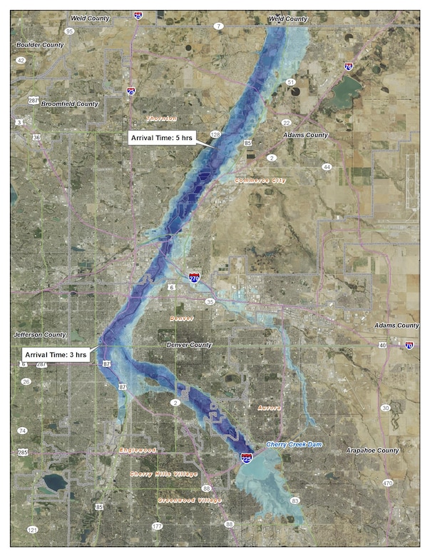 Inundation map (updated January 2015) showing flood boundaries and arrival times for the maximum conceivable flood event. Map Disclaimer: Actual areas flooded will depend on storm magnitude and failure conditions.