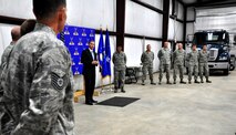 Brad Bentley, Truckload Carriers Associations president, speaks to members of Dobbins Air Force Base, Ga. on the significance of the tractor trailer program and its Professional Truck Driver Institutes certification Jan. 23, 2015. PTDI certification will allow for graduates to have a more seamless transition from military to civilian employment. (U.S. Air Force photo/Senior Airman Daniel Phelps)