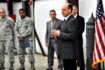 John Duke, Professional Truck Driver Institutes board of directors member, speaks to members of Dobbins Air Force Base, Ga. on the significance of the tractor trailer program and its Professional Truck Driver Institutes certification Jan. 23, 2015. PTDI certification will allow for graduates to have a more seamless transition from military to civilian employment. (U.S. Air Force photo/Senior Airman Daniel Phelps)
