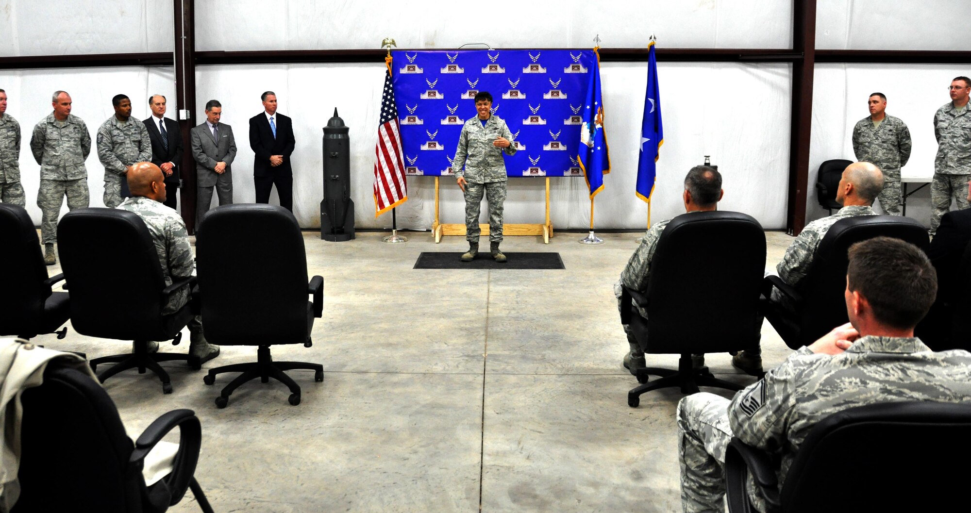 Maj. Gen. Stayce Harris, 22nd Air Force commander, speaks to guests and tractor trailer program graduates on the significance of the course and its Professional Truck Drivers Institutes’ certification at Dobbins Air Reserve Base, Ga. Jan. 23, 2015. PTDI certification will allow for graduates to have a more seamless transition from military to civilian employment. (U.S. Air Force photo/Senior Airman Daniel Phelps)