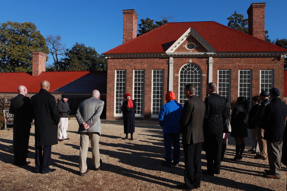 Sgt. Maj. Micheal P. Barrett, the 17th Sergeant Major of the Marine Corps, participates in the National Capital Region Religious Program Specialist 36th Anniversary Celebration with a tour of George Washington’s Mount Vernon followed by a cake cutting ceremony in Mount Vernon, Va., Jan. 16, 2015. (U.S. Marine Corps photo by Sgt. Marionne T. Mangrum)