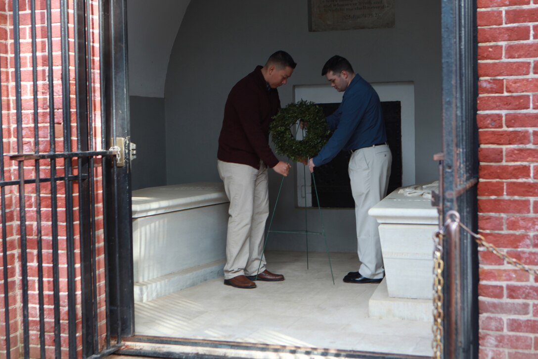 Sgt. Maj. Micheal P. Barrett, the 17th Sergeant Major of the Marine Corps, participates in the National Capital Region Religious Program Specialist 36th Anniversary Celebration with a tour of George Washington’s Mount Vernon followed by a cake cutting ceremony in Mount Vernon, Va., Jan. 16, 2015. (U.S. Marine Corps photo by Sgt. Marionne T. Mangrum)
