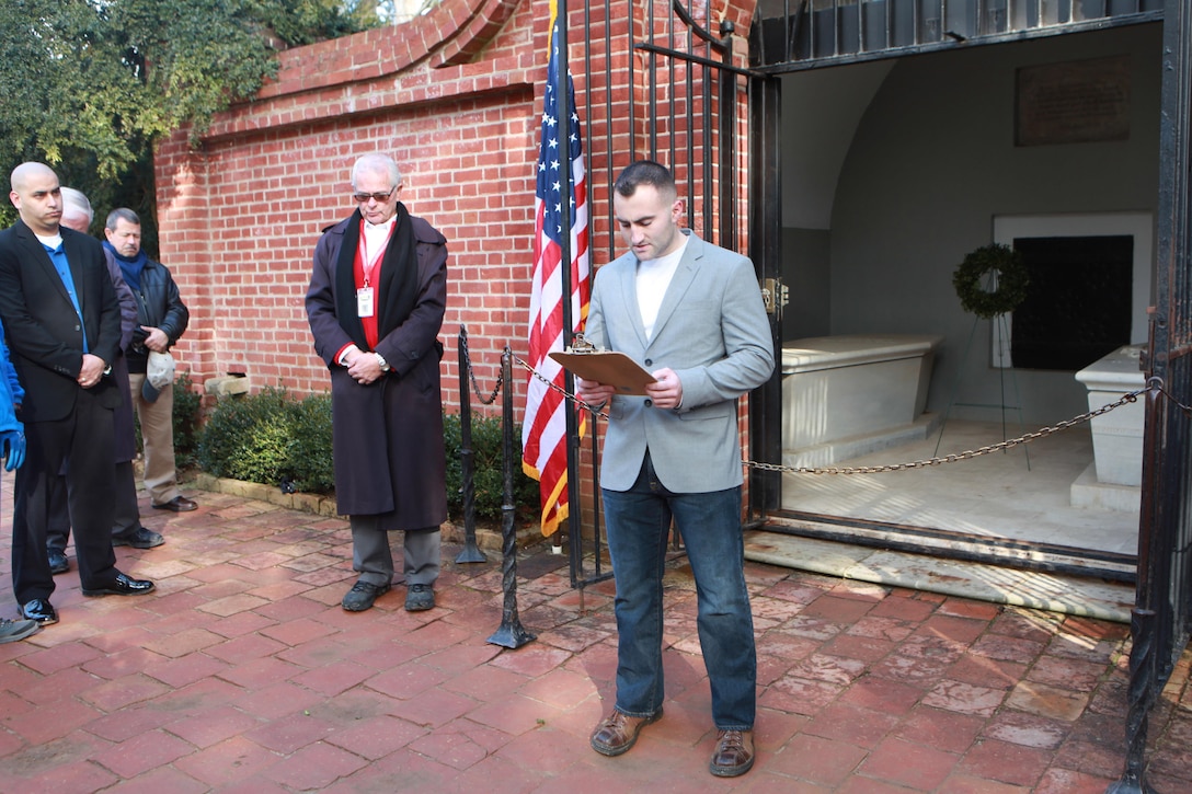 Sgt. Maj. Micheal P. Barrett, the 17th Sergeant Major of the Marine Corps, participates in the National Capital Region Religious Program Specialist 36th Anniversary Celebration with a tour of George Washington’s Mount Vernon followed by a cake cutting ceremony in Mount Vernon, Va., Jan. 16, 2015. (U.S. Marine Corps photo by Sgt. Marionne T. Mangrum)