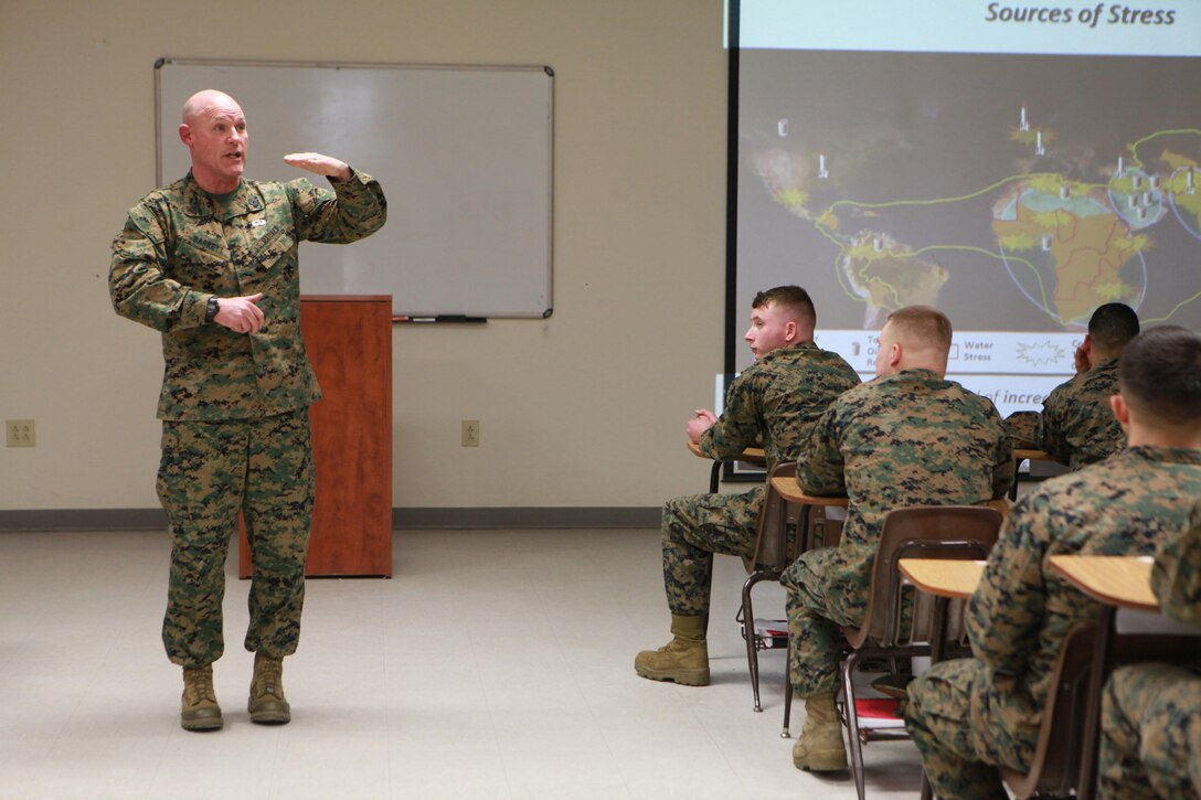 Sgt. Maj. Micheal P. Barrett, the 17th Sergeant Major of the Marine Corps, addresses students attending the Staff Non-Commissioned Officers Academy at Camp Lejeune, N.C., Jan. 22, 2015. (U.S. Marine Corps photo by Sgt. Marionne T. Mangrum)