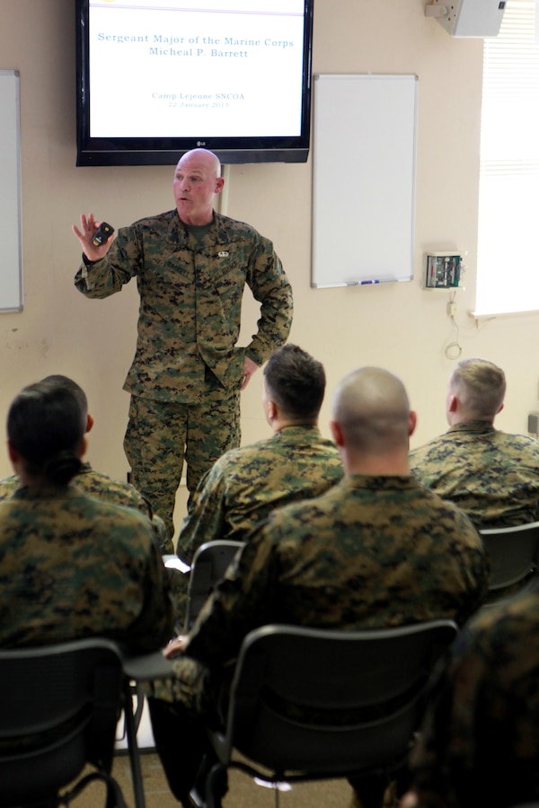 Sgt. Maj. Micheal P. Barrett, the 17th Sergeant Major of the Marine Corps, addresses students attending the Staff Non-Commissioned Officers Academy at Camp Lejeune, N.C., Jan. 22, 2015. (U.S. Marine Corps photo by Sgt. Marionne T. Mangrum)