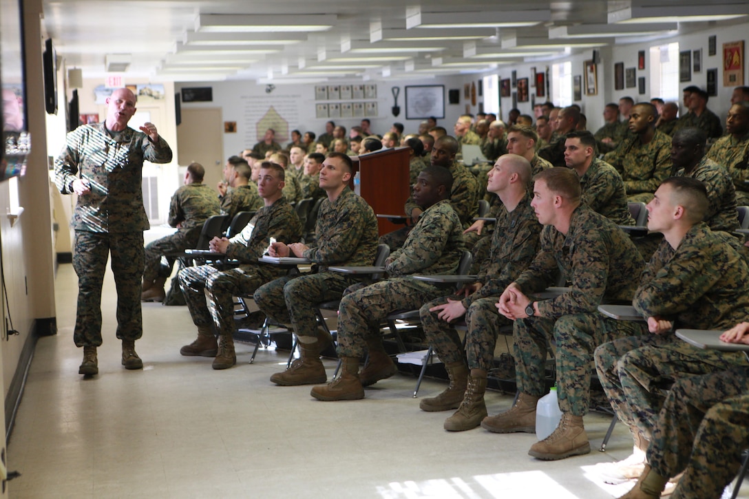 Sgt. Maj. Micheal P. Barrett, the 17th Sergeant Major of the Marine Corps, addresses students attending the Staff Non-Commissioned Officers Academy at Camp Lejeune, N.C., Jan. 22, 2015. (U.S. Marine Corps photo by Sgt. Marionne T. Mangrum)