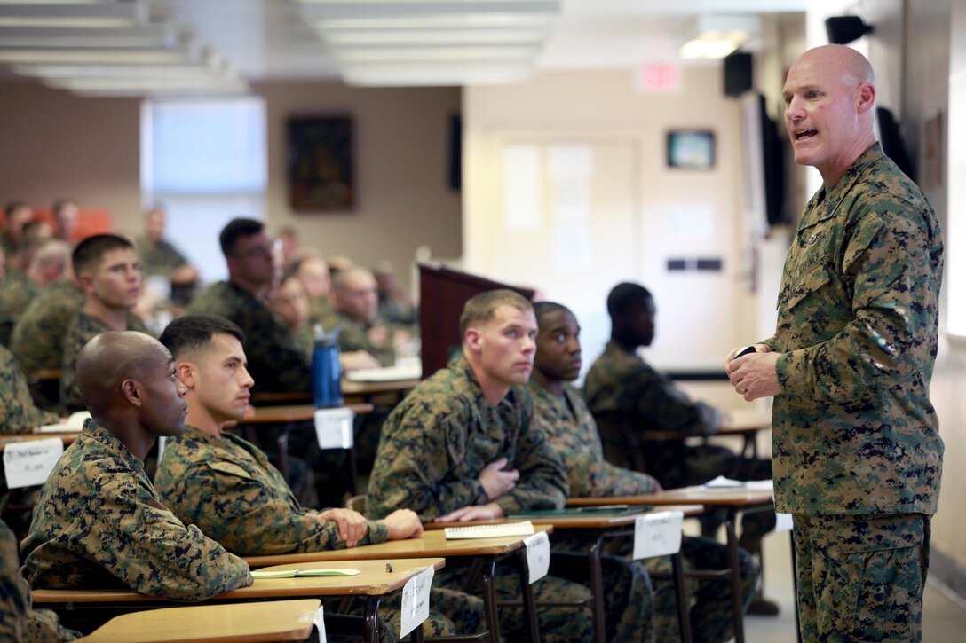 Sgt. Maj. Micheal P. Barrett, the 17th Sergeant Major of the Marine Corps, addresses students attending the Staff Non-Commissioned Officers Academy at Camp Lejeune, N.C., Jan. 22, 2015. (U.S. Marine Corps photo by Sgt. Marionne T. Mangrum)