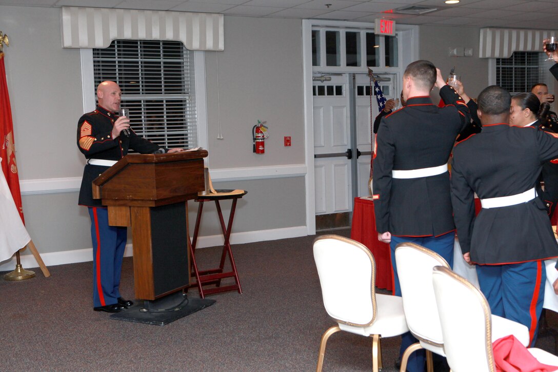 Sgt. Maj. Micheal P. Barrett, the 17th Sergeant Major of the Marine Corps, attends the Marine Corps Installations East, Headquarters and Service Battalion Non-commissioned Officer’s Mess Night at the Ball Center in Camp Lejeune, N.C., Jan. 22, 2015. (U.S. Marine Corps photo by Sgt. Marionne T. Mangrum)