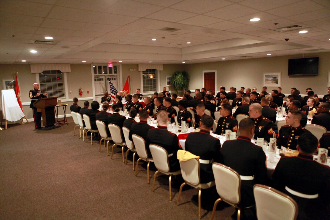 Sgt. Maj. Micheal P. Barrett, the 17th Sergeant Major of the Marine Corps, attends the Marine Corps Installations East, Headquarters and Service Battalion Non-commissioned Officer’s Mess Night at the Ball Center in Camp Lejeune, N.C., Jan. 22, 2015. (U.S. Marine Corps photo by Sgt. Marionne T. Mangrum)