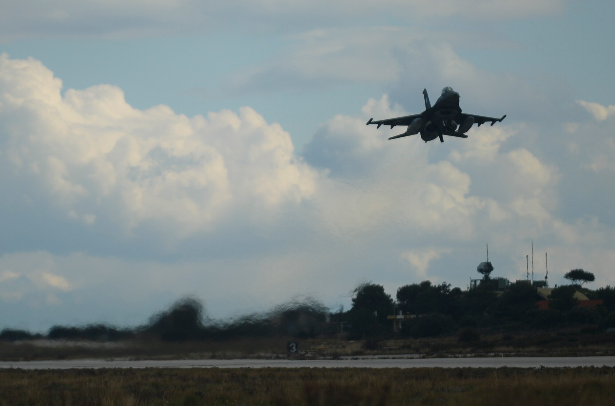 A Hellenic air force F-16 Fighting Falcon fighter aircraft from the 340th Fighter Squadron takes off from the flightline at Souda Bay, Greece, Jan. 26, 2015. The aircraft conducted flight operations during a bilateral training event aimed at enhancing interoperability between the Greek and U.S. air forces. (U.S. Air Force photo by Staff Sgt. Joe W. McFadden/Released)