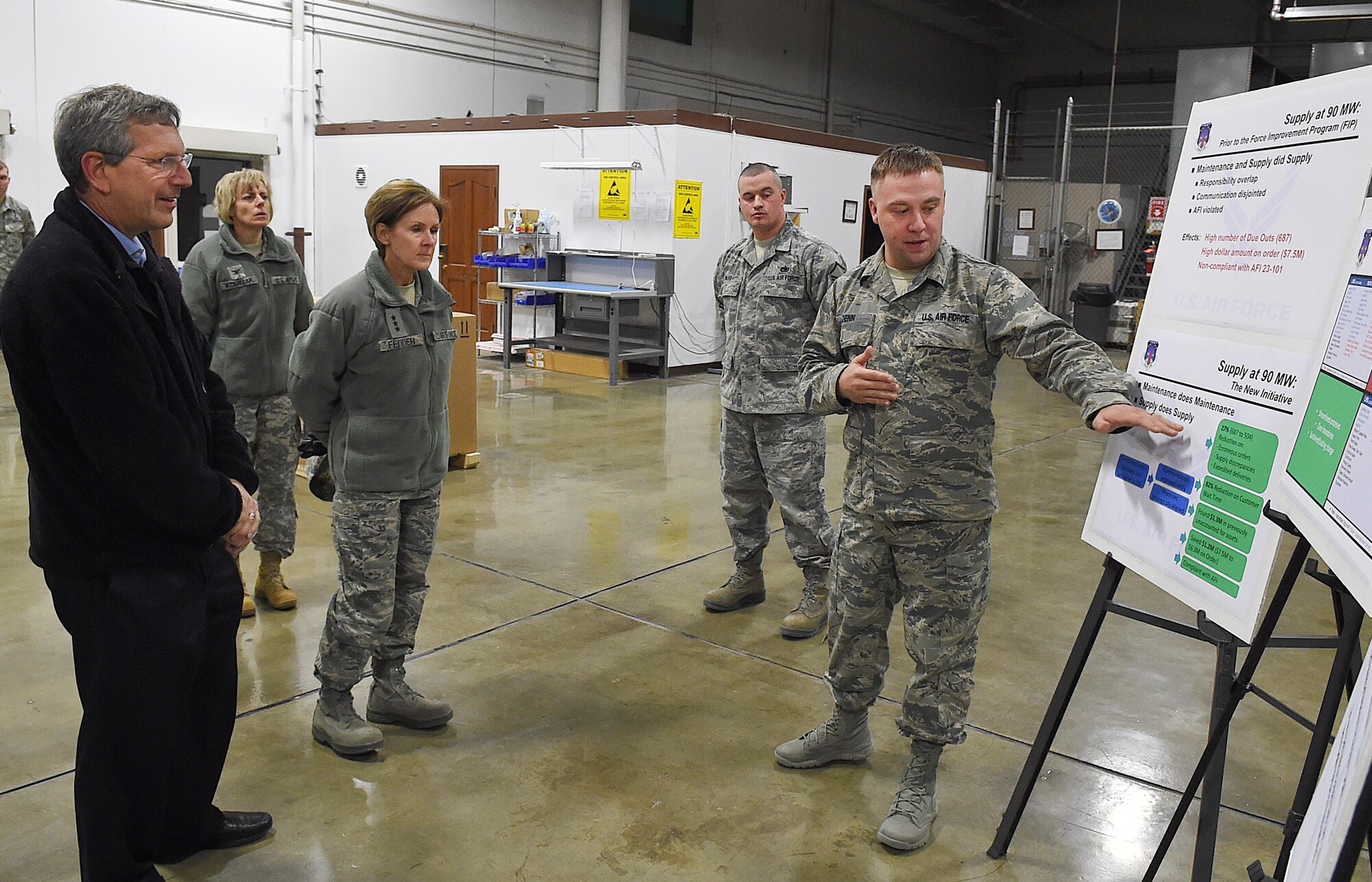 Staff Sgt. Nathan Denn, 90th Logistics Squadron, briefs Alan Estevez, principal deputy under secretary of defense for acquisition, technology and logistics; and Lt. Gen. Judith Fedder, Air Force deputy chief of staff for logistics, installations and mission support; on F.E. Warren Air Force Base, Wyo.,  Jan. 14, 2015.  Denn spoke about changes recently made to the way parts and equipment are ordered and purchased by the 90th Missile as a result of the Air Force Global Strike Command Force Improvement Program. (U.S. Air Force photo/R.J. Oriez)