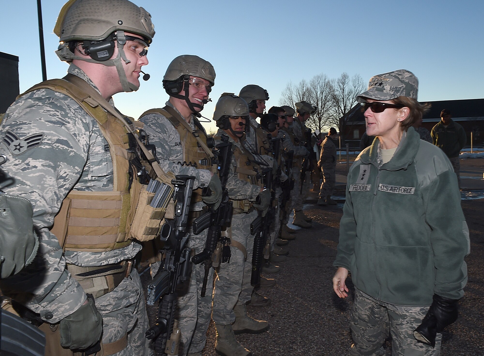Lt. Gen. Judith Fedder, Air Force deputy chief of staff for logistics, installations and mission support, visits with members of the 90th Security Group’s Tactical Response Force following a demonstration at Launch Facility Trainer Uniform-01 on F.E. Warren Air Force Base, Wyo., Jan. 14, 2015. Fedder was visiting the 90th Missile Wing to learn about logistical issues impacting the ICBM mission. (U.S. Air Force photo/R.J. Oriez) 