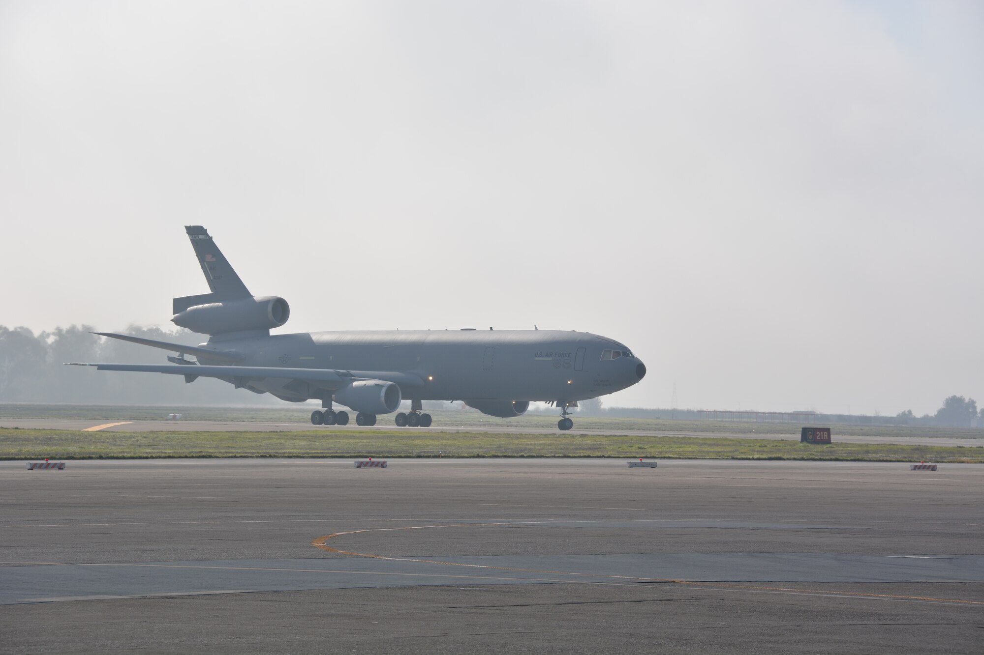 A KC-10 Extender taxis on the flightline Jan. 21, at Travis Air Force Base, California. Travis Air Force Base boasts two active-duty and two Reserve KC-10 squadrons. (U.S. Air Force photo by Staff Sgt. Christopher Carranza)