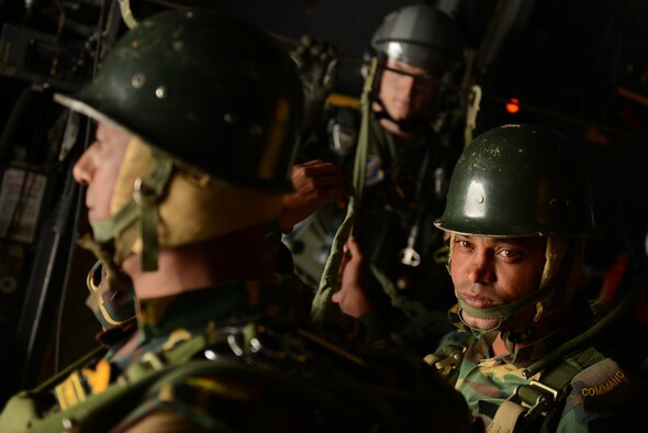Bangladeshi commandos prepare to jump from a U.S. Air Force C-130H aircraft during Exercise COPE SOUTH near Sylhet, Bangladesh, Jan. 24, 2015. COPE SOUTH helps cultivate common bonds, foster goodwill, and improve readiness and compatibility between members of the Bangladesh and U.S. Air Forces. (U.S. Air Force photo by 1st Lt. Jake Bailey/Released)