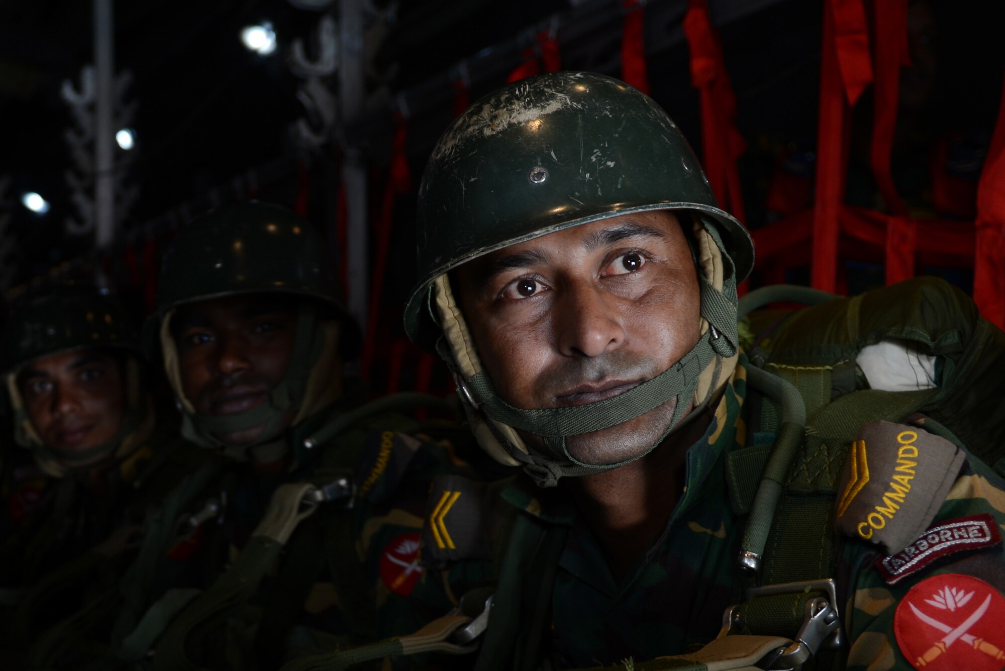 Bangladeshi commandos prepare to jump from a U.S. Air Force C-130H aircraft during Exercise COPE SOUTH near Sylhet, Bangladesh, Jan. 24, 2015. COPE SOUTH helps cultivate common bonds, foster goodwill, and improve readiness and compatibility between members of the Bangladesh and U.S. Air Forces. (U.S. Air Force photo by 1st Lt. Jake Bailey/Released)