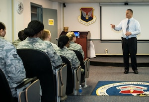 Retired Chief Master Sgt. James Roy, 16th Chief Master Sgt. of the Air Force, speaks with Airmen from Joint Base Charleston, S.C., who are attending Airmen Leadership School Jan. 26, 2015. Roy spoke about how to best serve in the United States Air Force and answered questions from the Airmen at the end. Roy plans to meet with every ALS class his schedule allows for. (U.S. Air Force photo/ Senior Airman Dennis Sloan)