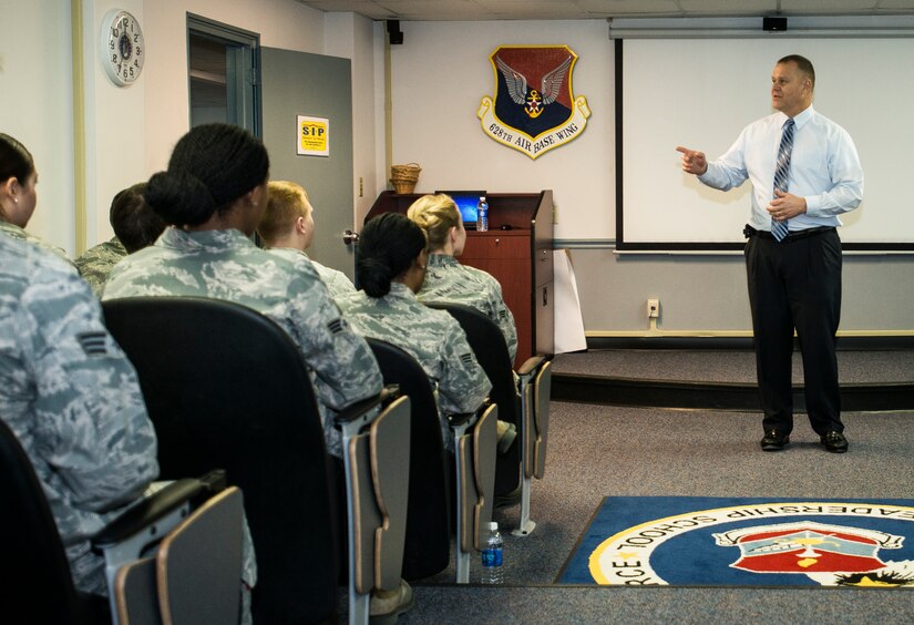 Retired Chief Master Sgt. James Roy, 16th Chief Master Sgt. of the Air Force, speaks with Airmen from Joint Base Charleston, S.C., who are attending Airmen Leadership School Jan. 26, 2015. Roy spoke about how to best serve in the United States Air Force and answered questions from the Airmen at the end. Roy plans to meet with every ALS class his schedule allows for. (U.S. Air Force photo/ Senior Airman Dennis Sloan)