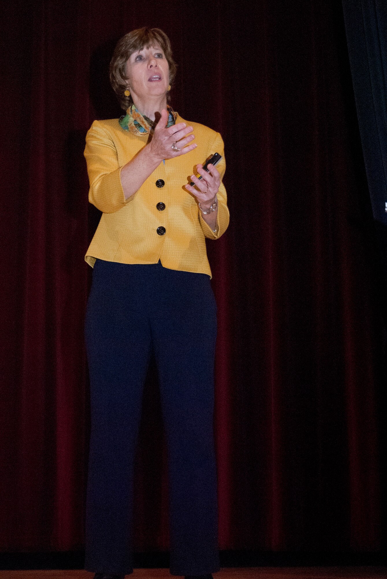 Anne Munch discusses myths surrounding sexual assault during a presentation to Air Force Academy leaders Jan. 15, 2015. Munch, a lawyer for 27 years, focused on prosecuting sexual assault during most of her work for the Denver District Attorney and helped create the Air Force's bystander intervention training program. (U.S. Air Force photo/Don Branum)