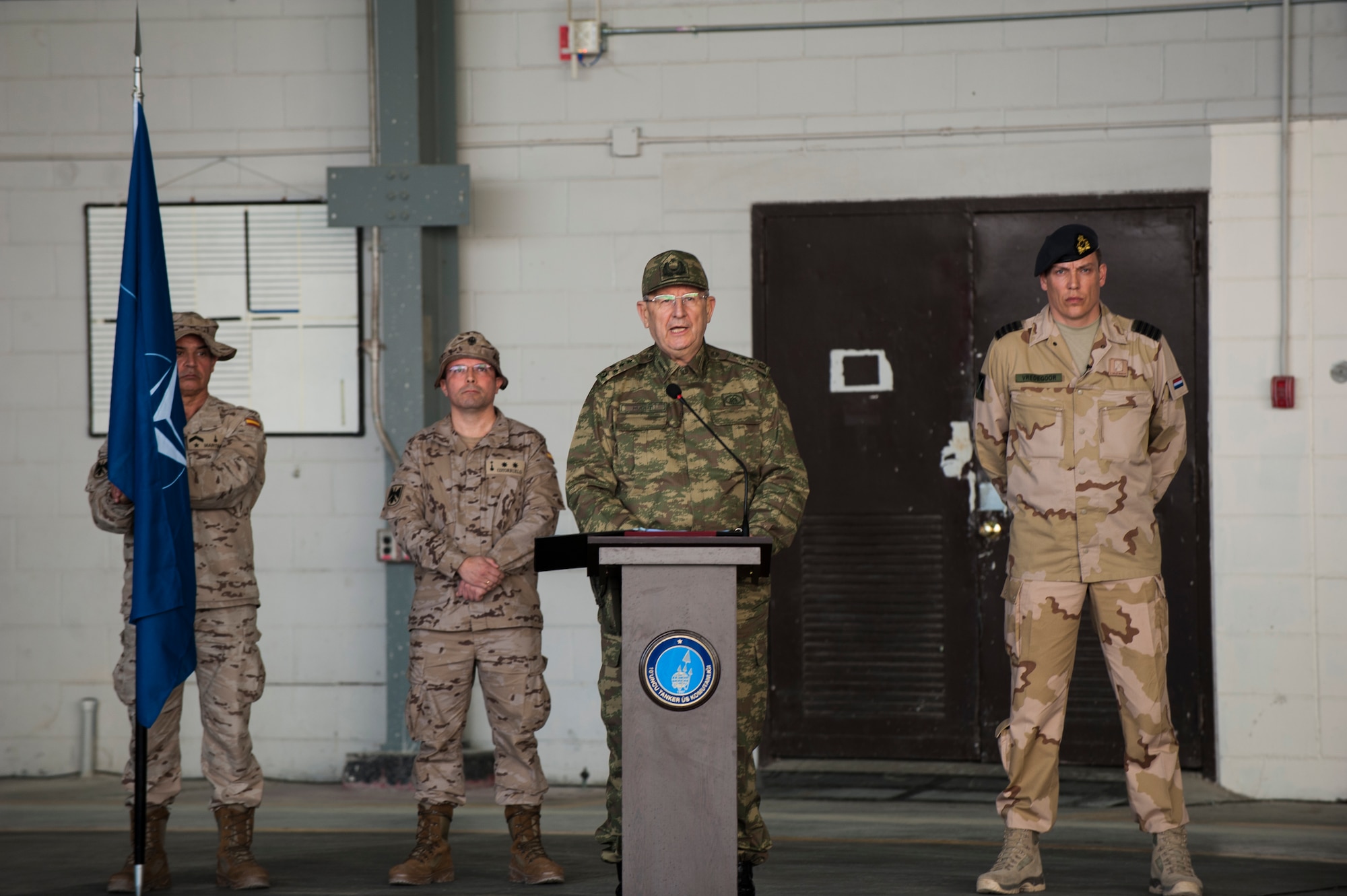 Gen. Adem HUDUTI, 2nd Army commander, speaks during a change of responsibility ceremony Jan. 26, 2015, at Incirlik Air Base, Turkey. HUDUTI presented Col. Niels Vredegoor, 1st Netherlands Ballistic Missile Defense Task Force commander, with a Decoration of Merit on behalf of the commander of Turkish armed forces. (U.S. Air Force photo by Airman Cory W. Bush/Released)