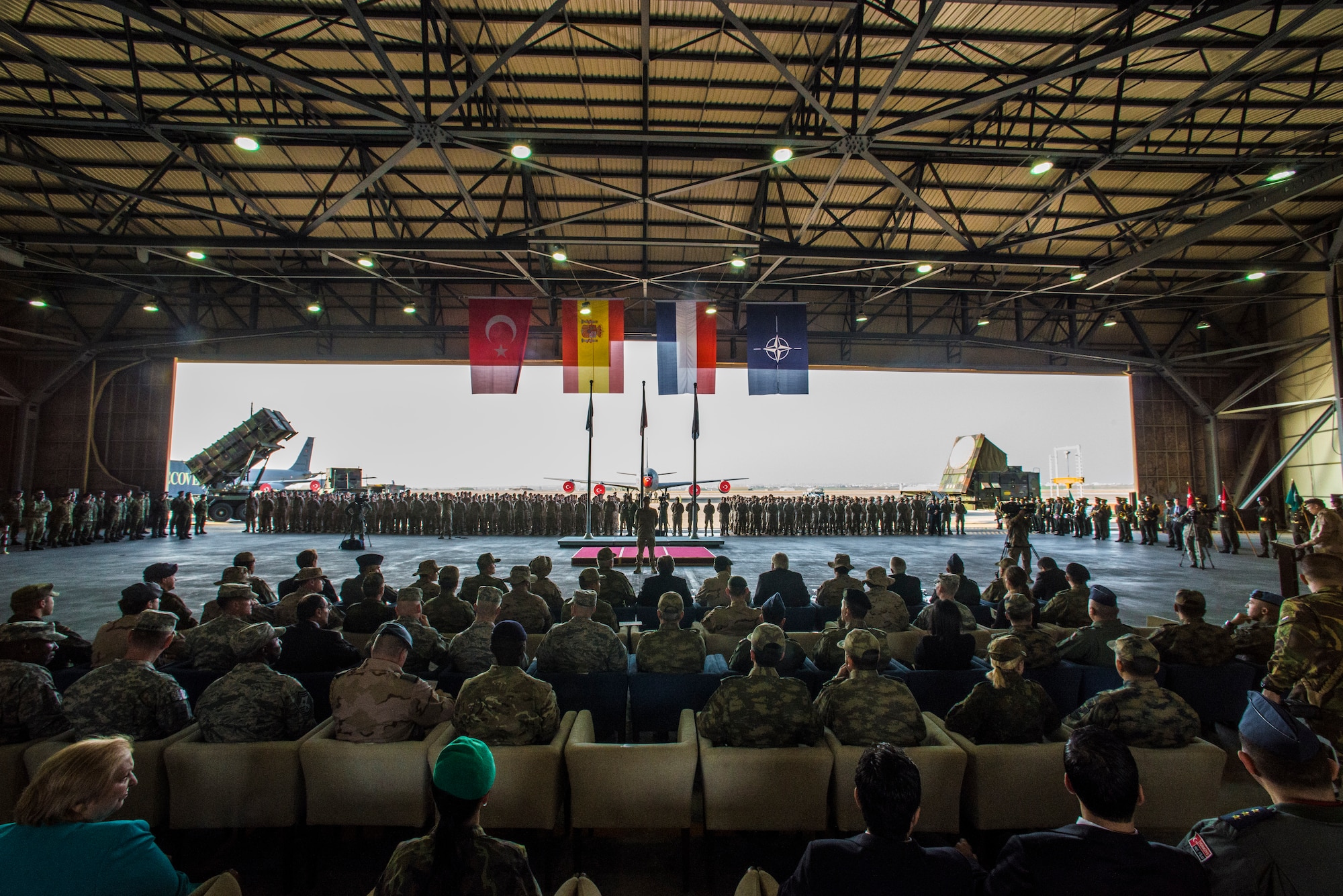 Members of the North Atlantic Treaty Organization gathered for a change of responsibility ceremony Jan. 26, 2015, at Incirlik Air Base Turkey. The 1st Netherlands Ballistic Missile Defense Task Force spent two years providing air defense for Turkey in support of Operation Active Fence. (U.S. Air Force photo by Airman Cory W. Bush/Released)