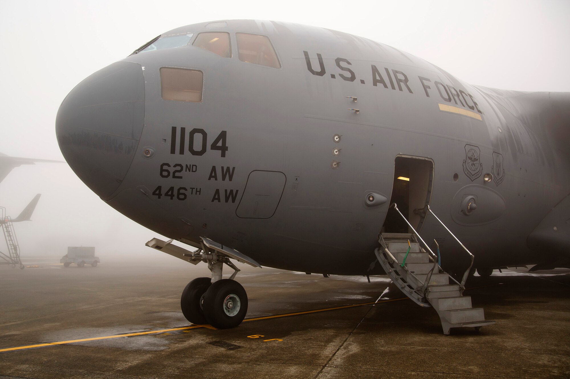 A McChord Field C-17 Globemaster III on a cloudy day, Jan. 21, 2015 gets prepped for an aeromedical evacuation flight from the Air Force Reserve's 446th Airlift Wing here. The 2,100 men and women assigned to the 446th AW support the Air Mobility Command (AMC) mission around the world on a daily basis, performing 44 percent of all C-17 missions leaving JBLM.
(U.S. Air Force Reserve photo by Jake Chappelle)
