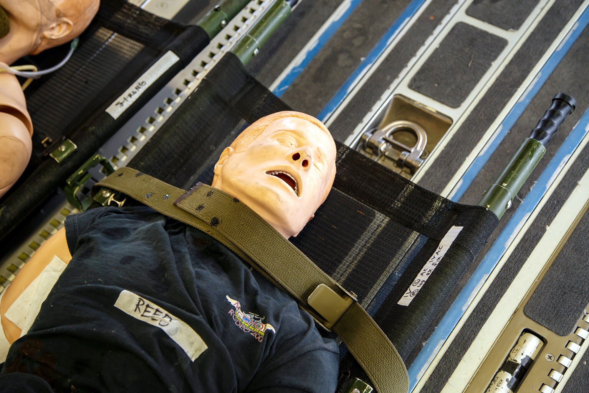 "Reed" a dummy used for medical training awaits "treatment" during in-flight medical training for the 446th Aeromedical Evacuation Squadron at McChord Field, Jan. 21, 2015. The 2,100 men and  women assigned to the 446th Airlift Wing support the Air Mobility Command (AMC) mission around the world on a daily basis, performing 44 percent of all C-17 missions leaving JBLM.
(U.S. Air Force Reserve photo by Jake Chappelle)