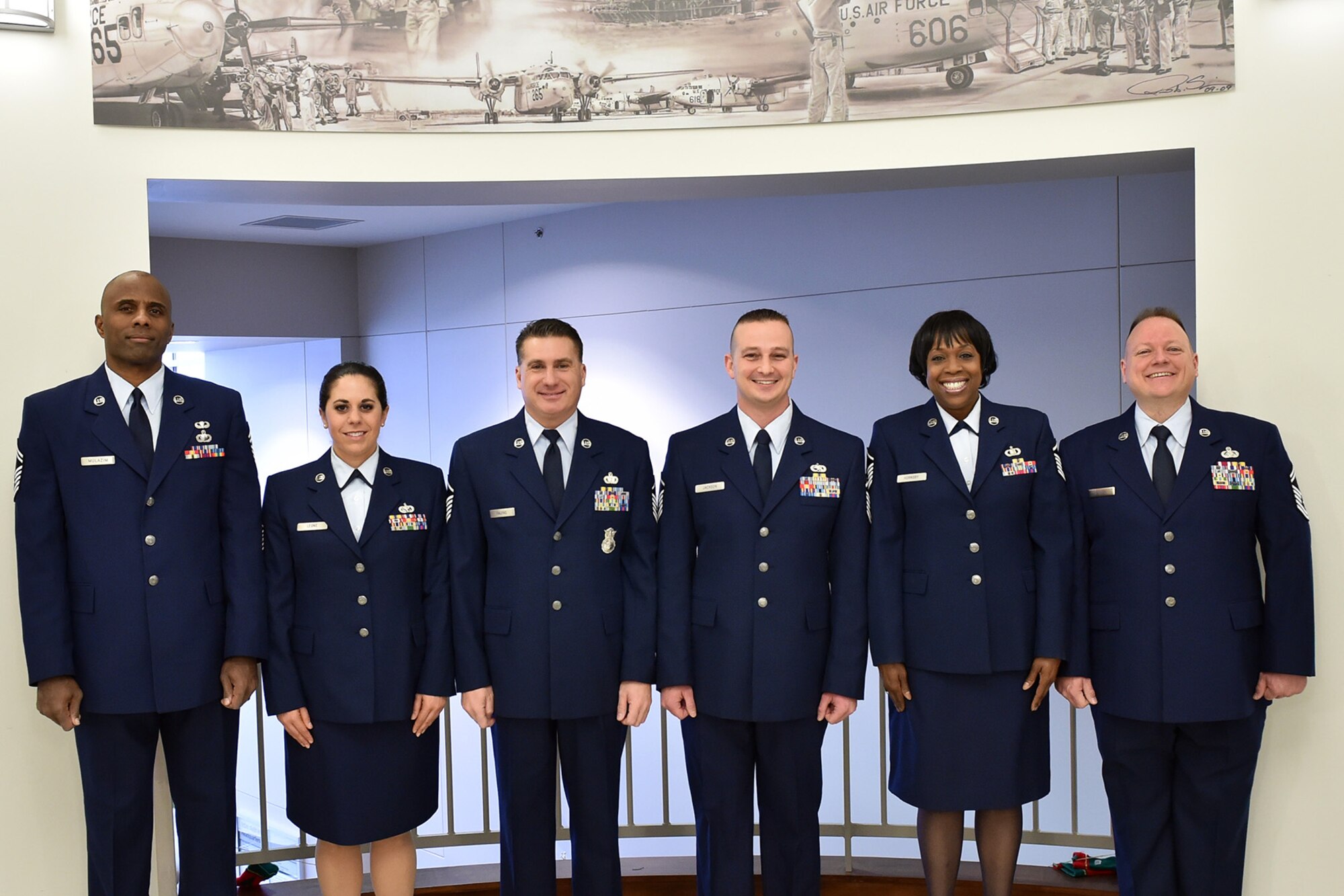 The Air Force Reserve’s 910th Airlift Wing Top 3 Council elected six new officers to their organization here, in November 2014. They are (from left to right): Senior Master Sgt. Khalid Mulazim, Financial Officer; Master Sgt. Amber Leone, Secretary; Master Sgt. John Falfas, President; Master Sgt. Shaun Jackson, Vice President; Master Sgt. Nancy Hornsby, Sergeant at Arms and Senior Master Sgt. Robert Fisher II, Communications Officer. The Top 3 Council consists of Citizen Airmen who are Senior Noncommissioned Officers (SNCO) here, holding the rank of master sergeant, senior master sergeant and chief master sergeant. The purpose of Top 3 is to provide mentorship, have a sense of belonging, camaraderie and recognition. U.S. Air Force photo/Tech. Sgt. Rick Lisum.