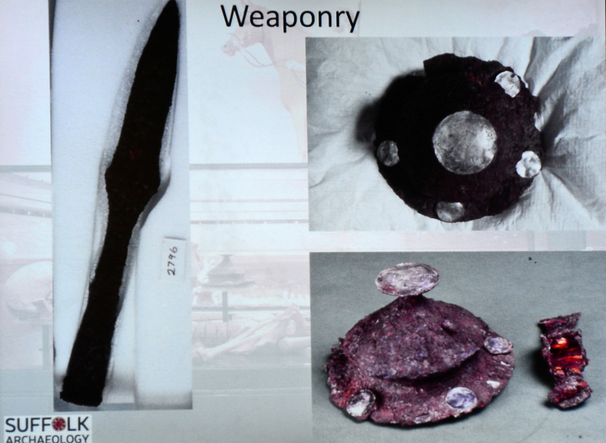 Various weaponry have been found during archaeological excavations on Royal Air Force Lakenheath, England, beginning in 1977. The famous Lakenheath Warrior and his horse were discovered by archaeologist Jo Caruth and her team, and many of their findings are on display at the nearby Mildenhall Museum. (Courtesy photos by Suffolk Archaeology/Released)