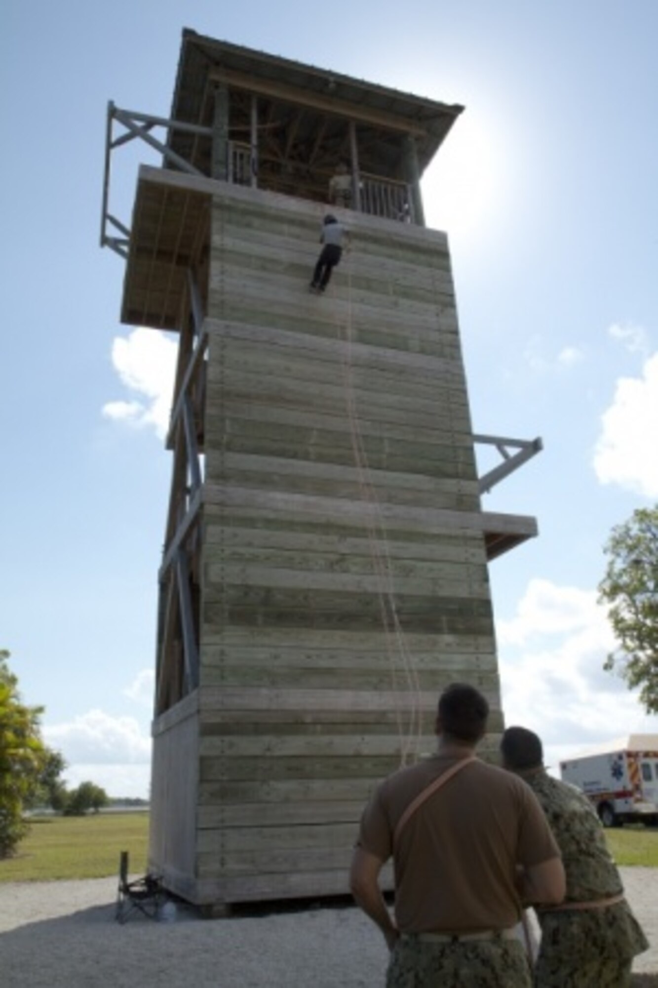 U.S. service members assigned to Special Operations Command South observe and provide support for a Junior Reserve Officer Training Corps cadet from South Dade High School as the cadet rappels down a 50-foot tower Jan. 22 during a two-day mentorship event as part of Special Operations Command South’s Military Assistance Program on Homestead Air Reserve Base, Fla. The program, or SOCMAP as it is more commonly known, was started by SOCSOUTH in an ongoing effort to strengthen ties with the residents of Miami-Dade County. (U.S. Army photo by Staff Sgt. Osvaldo Equite)