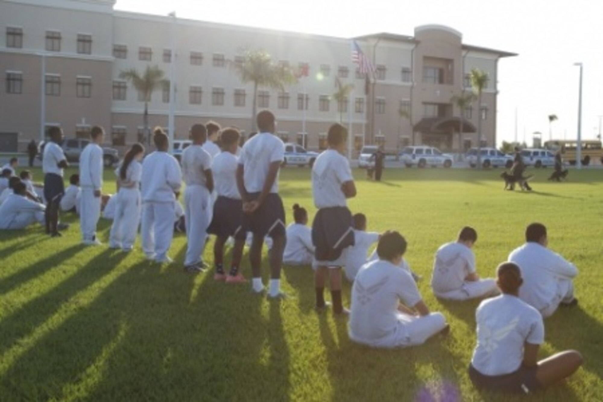 Junior Reserve Officer Training Corps cadets from Homestead High School observe as police officers with the Homestead Police Canine (K-9) Unit demonstrate their service dogs’ obedience and protection drills Jan. 22 during a two-day mentorship event as part of Special Operations Command South’s Military Assistance Program on Homestead Air Reserve Base, Fla. The program, or SOCMAP as it is more commonly known, was started by SOCSOUTH in an ongoing effort to strengthen ties with the residents of Miami-Dade County. (U.S. Army photo by Staff. Agt. Osvaldo Equite)
